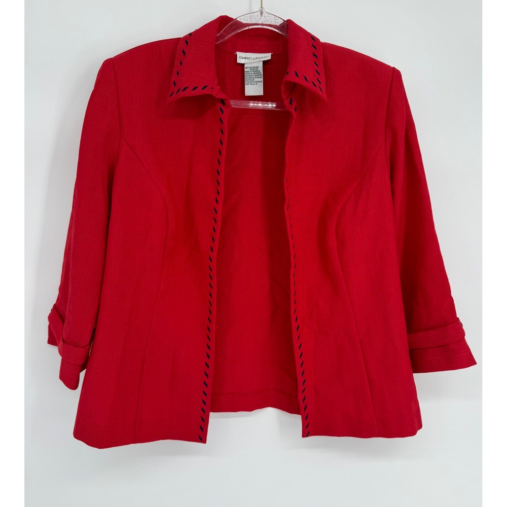 Drapers & Damons Red Whipstitch Open Front Blazer Jacket Womens 12 3/4 Sleeve